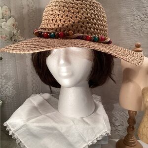 Natural Mesh Women’s 53 % Paper 47% Polyester Summer Floppy Hat/ Wooden Beads